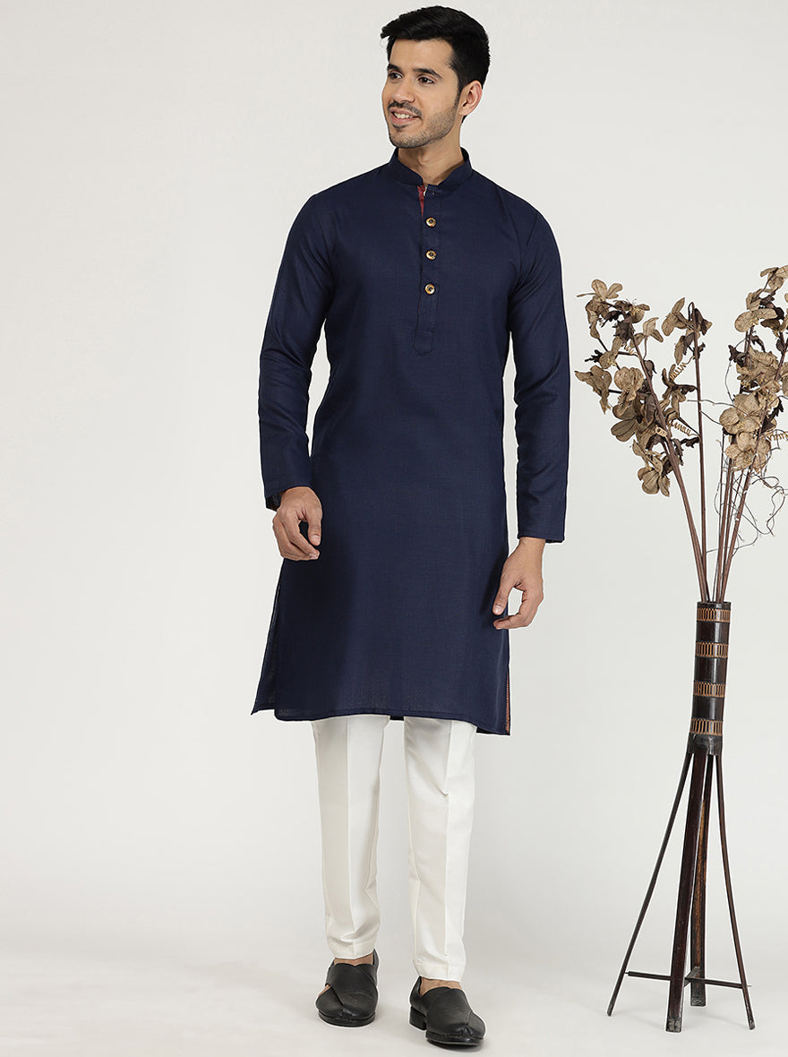 Navy Blue Solid Cotton Silk Blend Kurta | The Kurta Company
