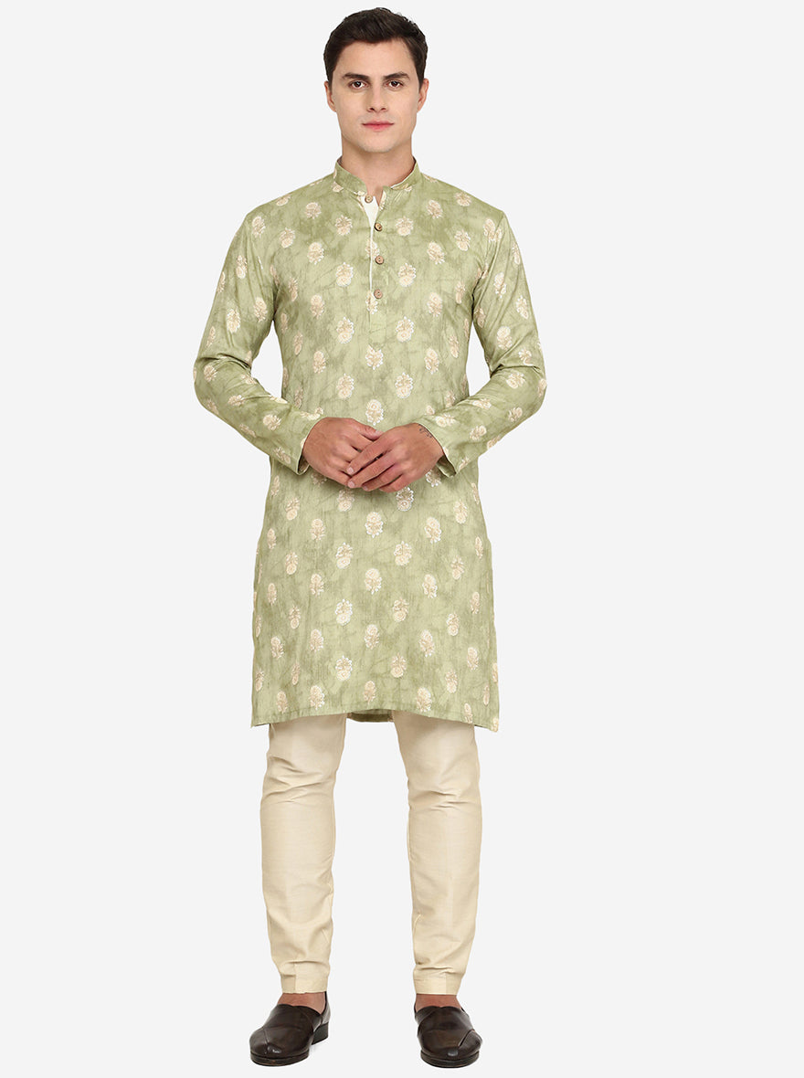 Pista Green Printed Cotton Blend Kurta | The Kurta Company