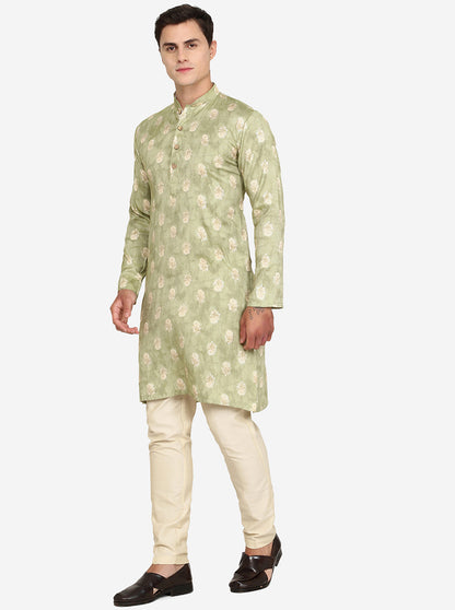 Pista Green Printed Cotton Blend Kurta | The Kurta Company