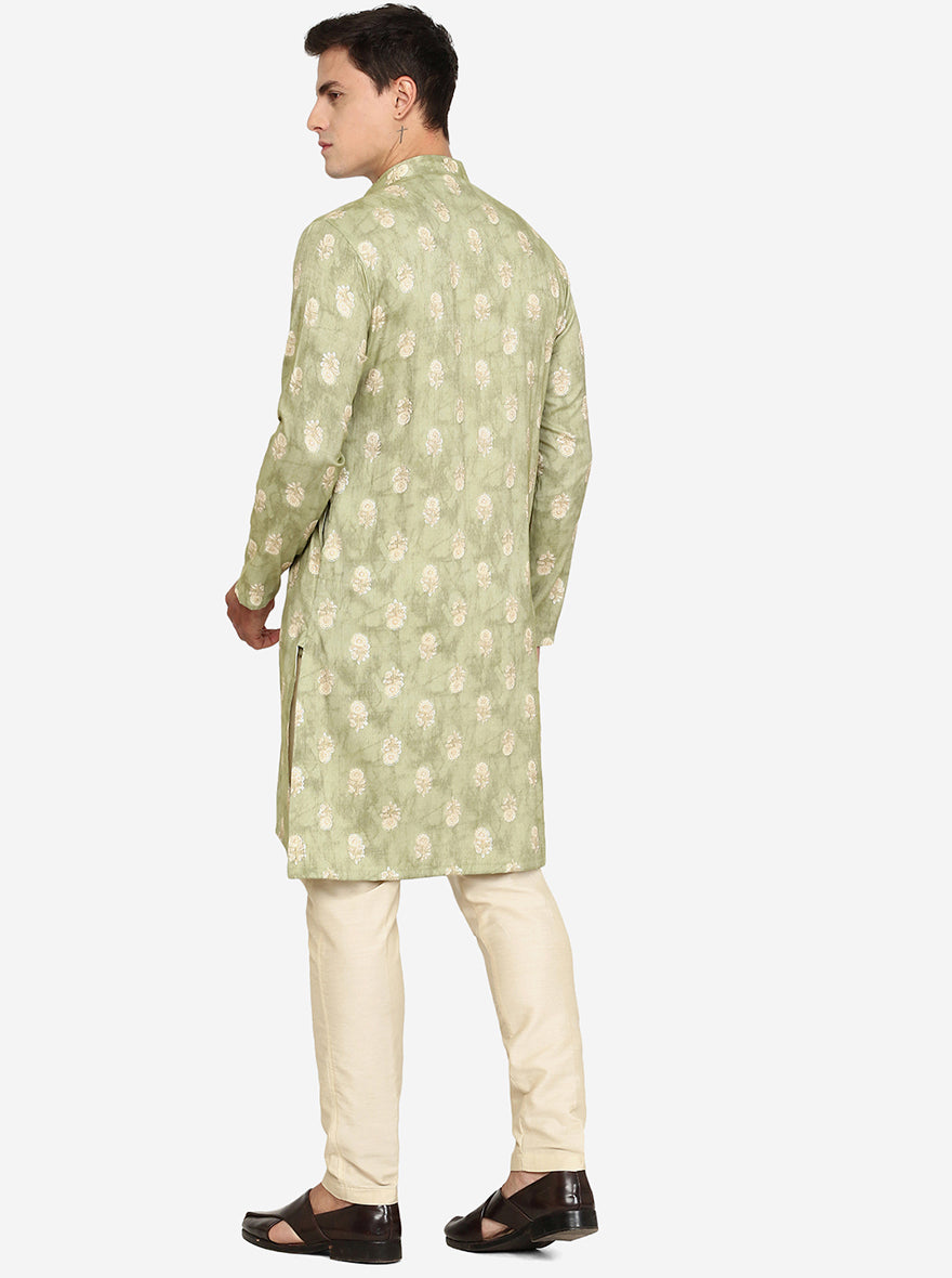 Pista Green Printed Cotton Blend Kurta | The Kurta Company
