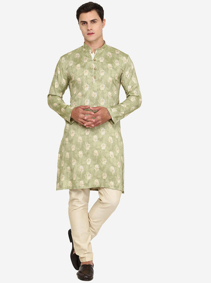 Pista Green Printed Cotton Blend Kurta | The Kurta Company