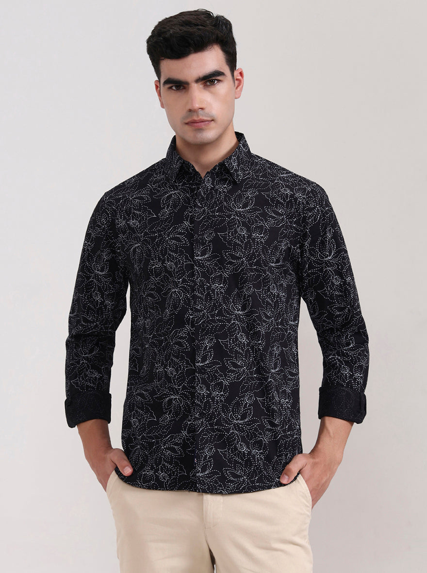 Black Printed Slim Fit Casual Shirt | Greenfibre