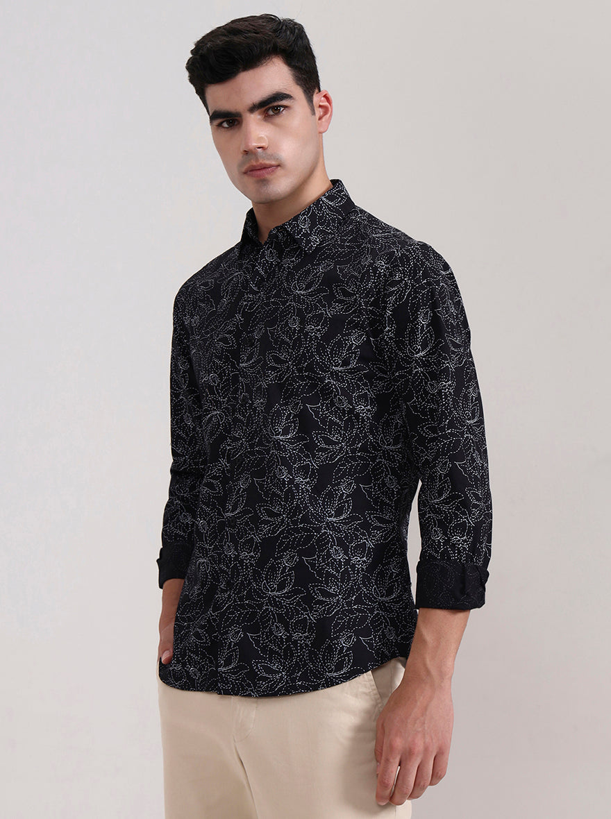 Black Printed Slim Fit Casual Shirt | Greenfibre