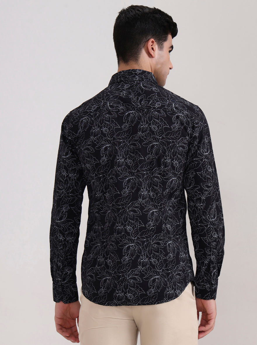 Black Printed Slim Fit Casual Shirt | Greenfibre