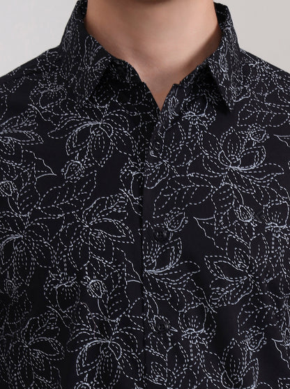 Black Printed Slim Fit Casual Shirt | Greenfibre