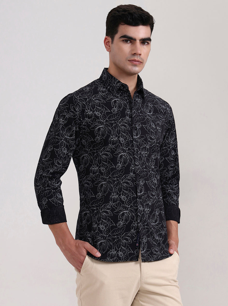 Black Printed Slim Fit Casual Shirt | Greenfibre