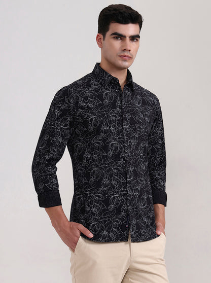 Black Printed Slim Fit Casual Shirt | Greenfibre