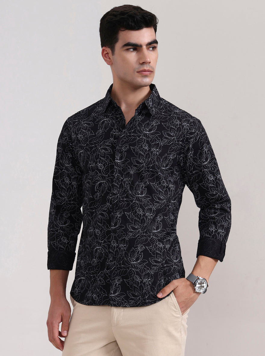 Black Printed Slim Fit Casual Shirt | Greenfibre