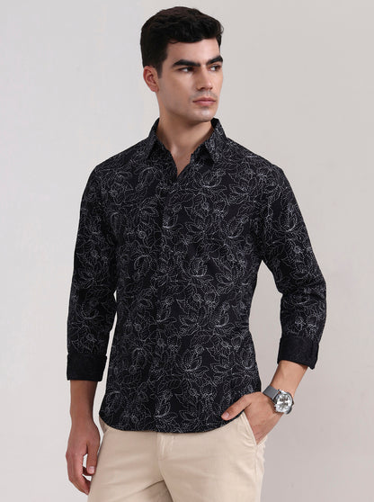 Black Printed Slim Fit Casual Shirt | Greenfibre