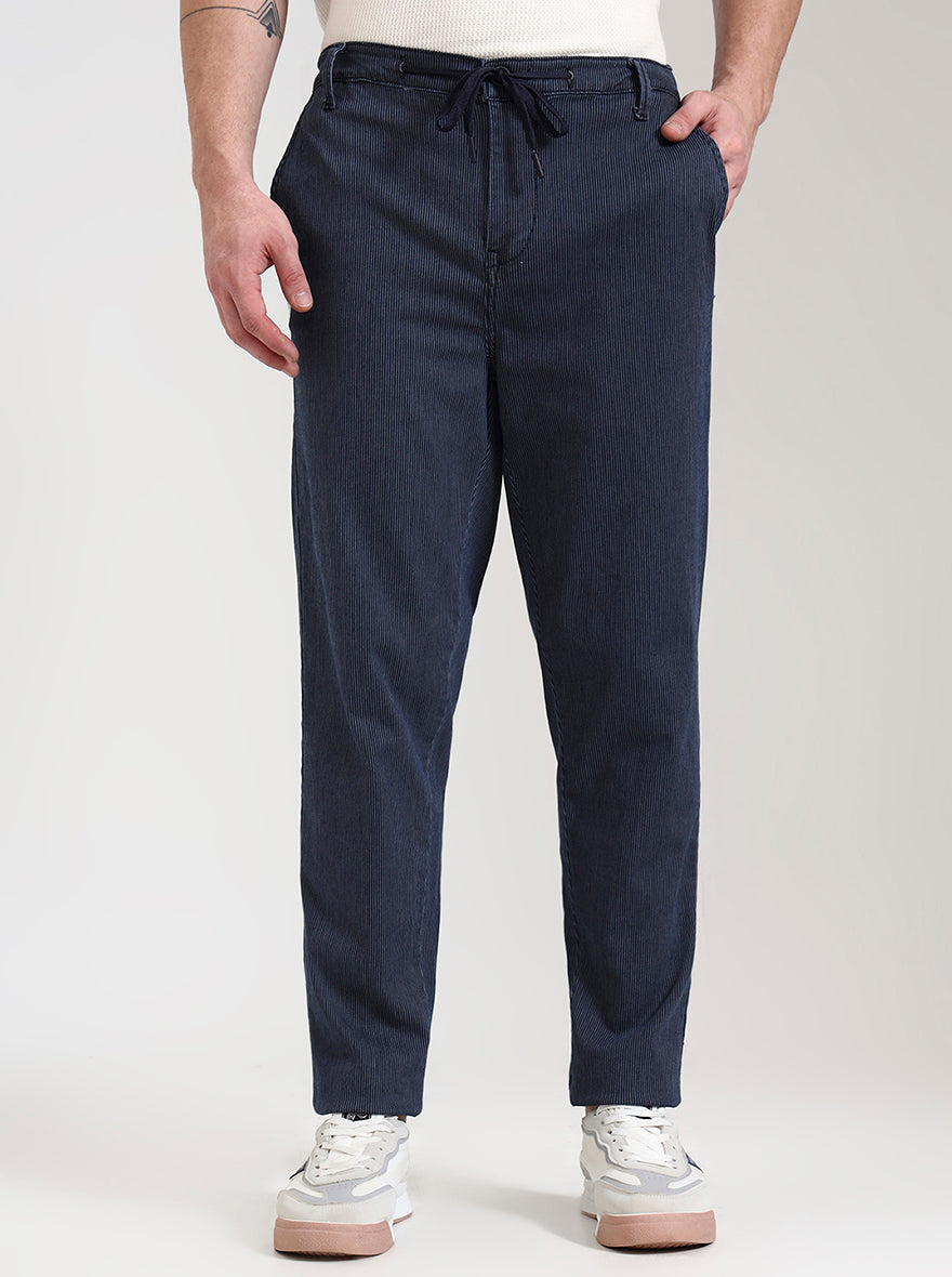 Indigo Blue Striped Regular Fit Track Pant | JadeBlue