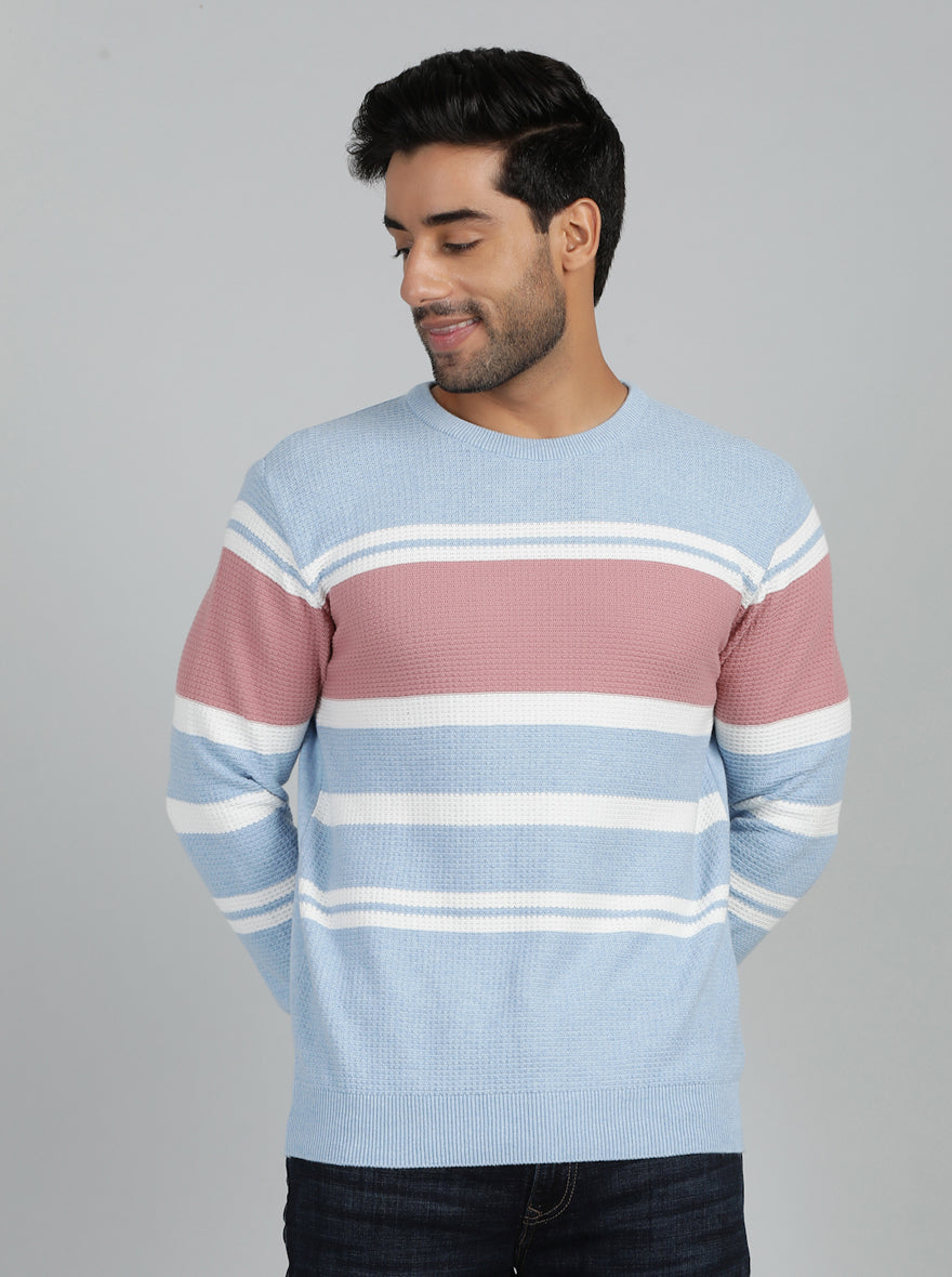 Sky Blue Striped Slim Fit Winter T-Shirt | JadeBlue