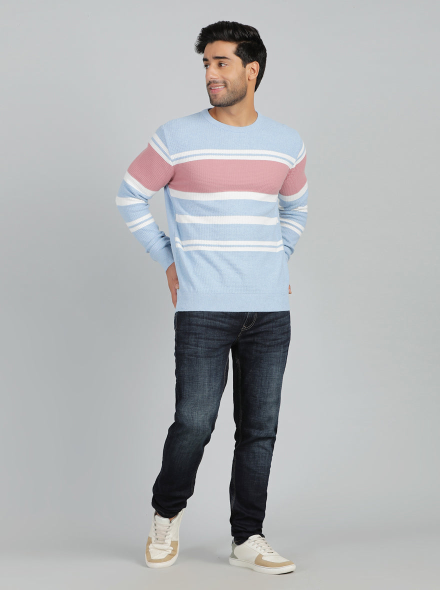 Sky Blue Striped Slim Fit Winter T-Shirt | JadeBlue