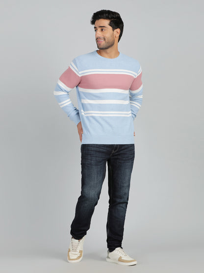 Sky Blue Striped Slim Fit Winter T-Shirt | JadeBlue