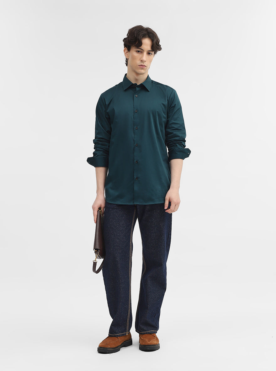 Teal Solid Slim Fit Casual Shirt | JadeBlue