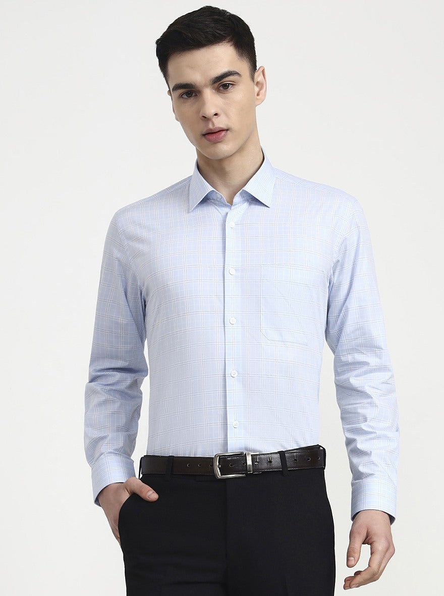 Sky Blue Checked Regular Fit Formal Shirt | JadeBlue