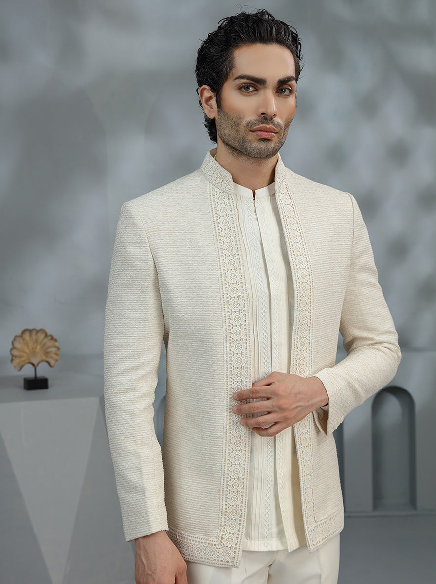 Cream Self Design Jodhpuri Suit | TULA