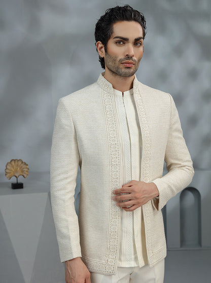 Cream Self Design Jodhpuri Suit | TULA