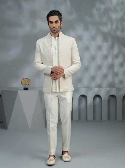 Cream Self Design Jodhpuri Suit | TULA