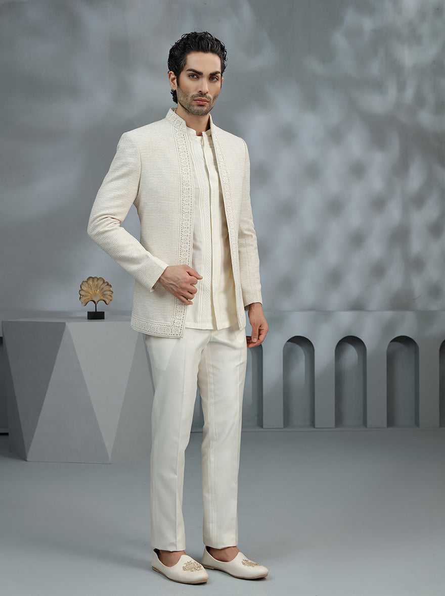 Cream Self Design Jodhpuri Suit | TULA