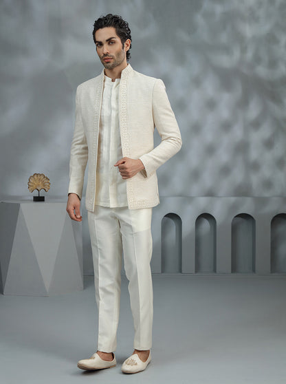 Cream Self Design Jodhpuri Suit | TULA