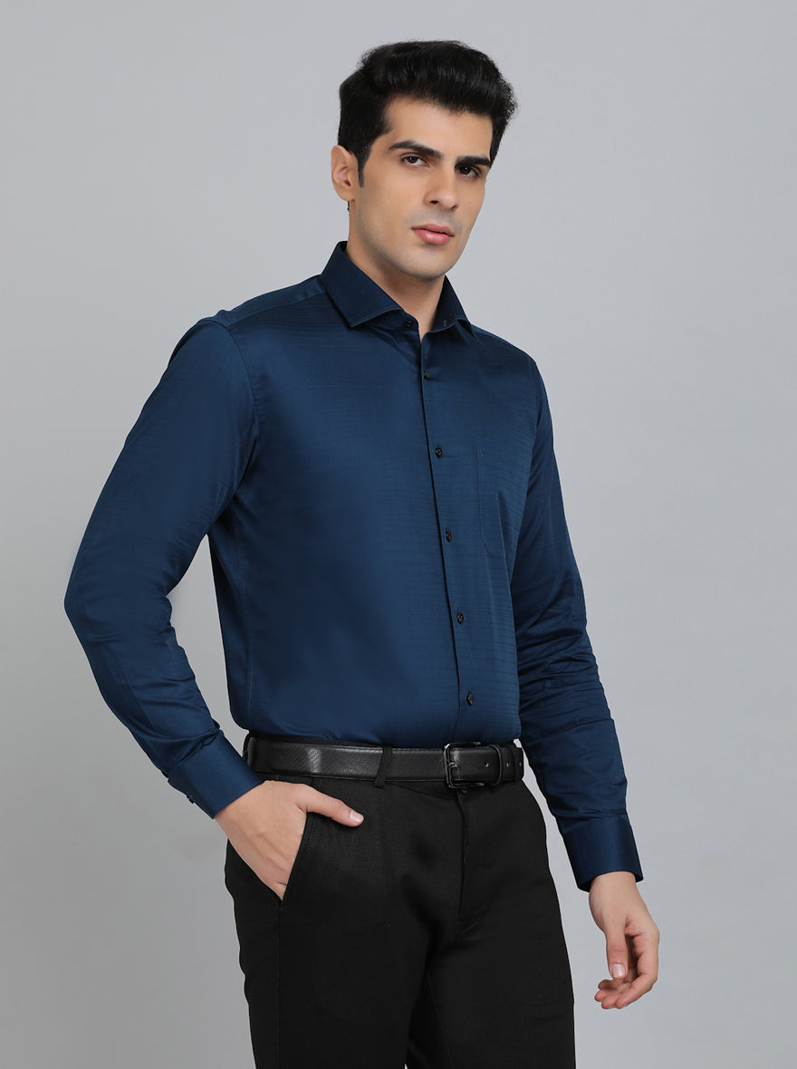 Navy Blue Striped Slim Fit Formal Shirt | Metal