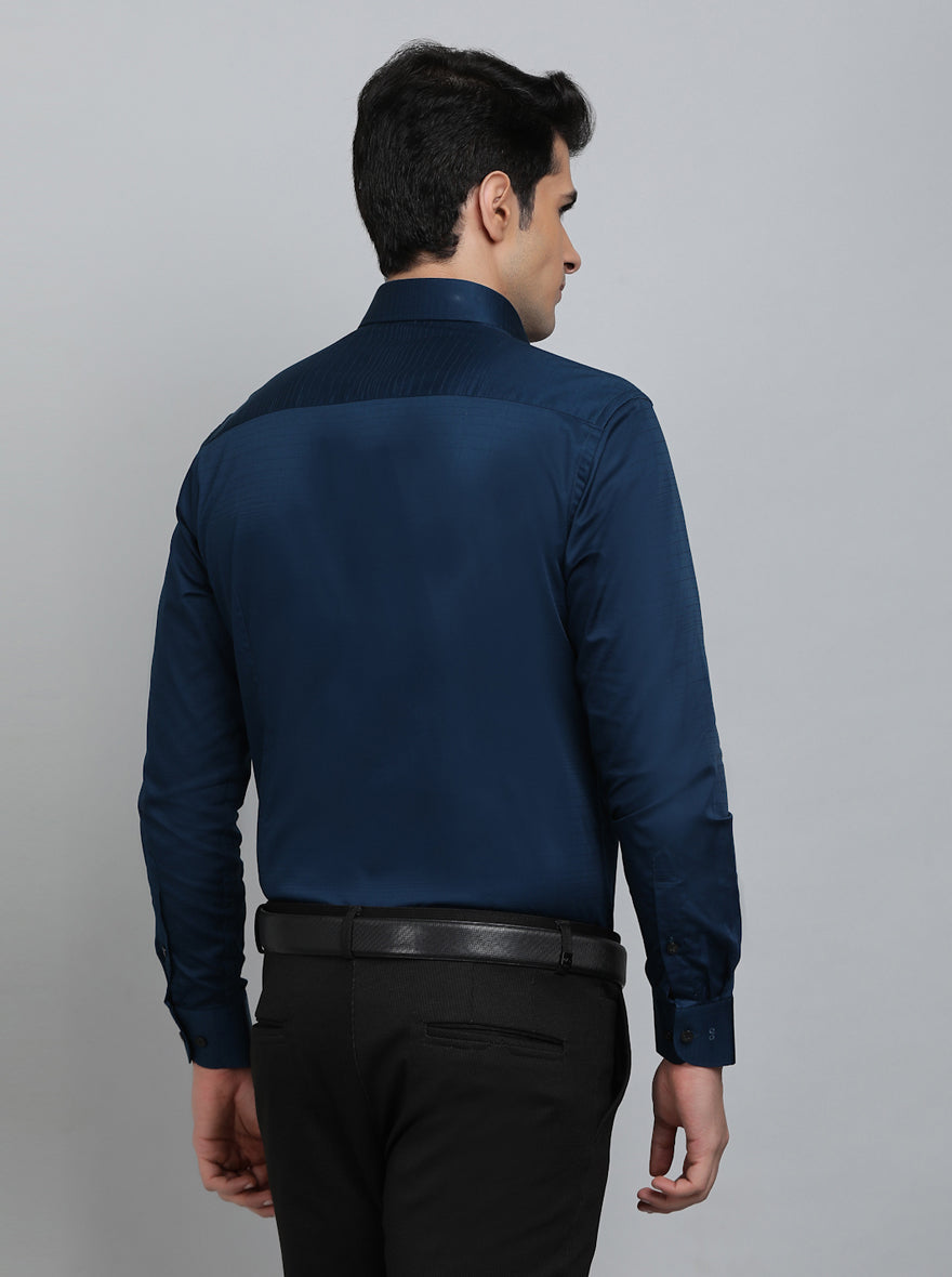 Navy Blue Striped Slim Fit Formal Shirt | Metal