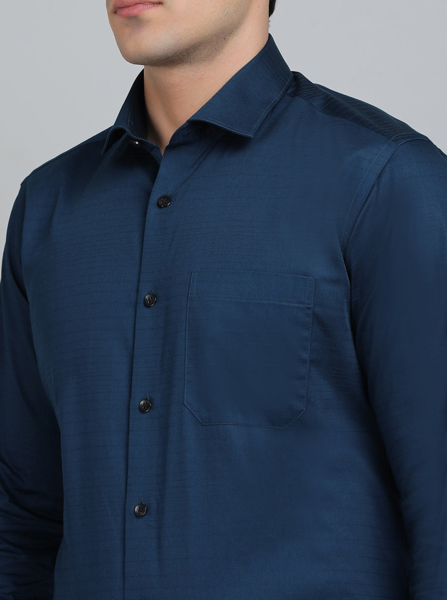 Navy Blue Striped Slim Fit Formal Shirt | Metal