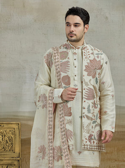 Cream & Pink Embroidered Kurta Pajama with Koti | TULA
