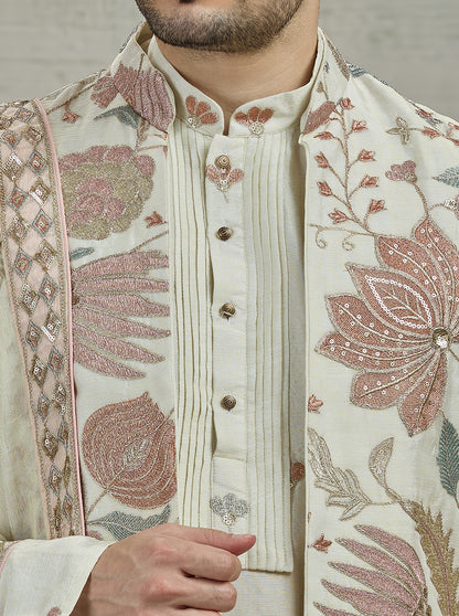 Cream & Pink Embroidered Kurta Pajama with Koti | TULA