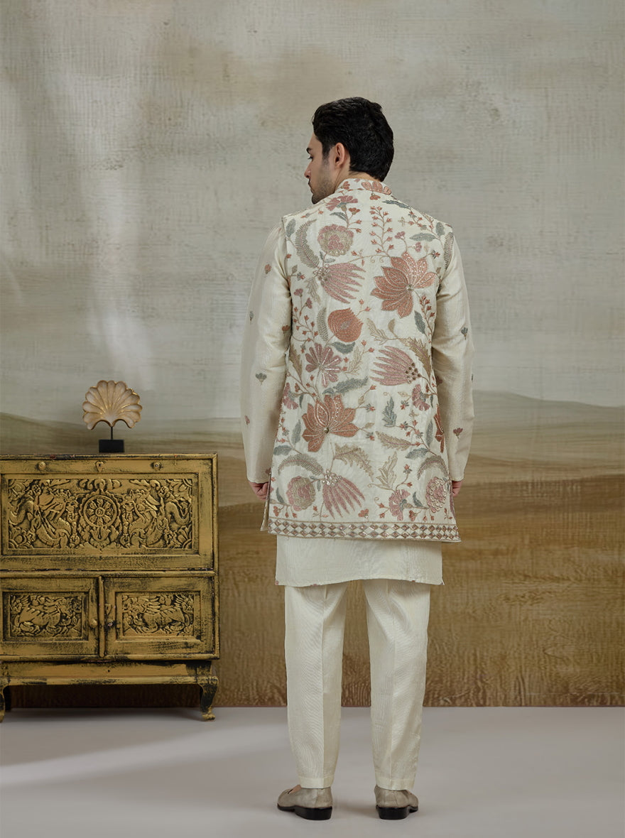 Cream & Pink Embroidered Kurta Pajama with Koti | TULA