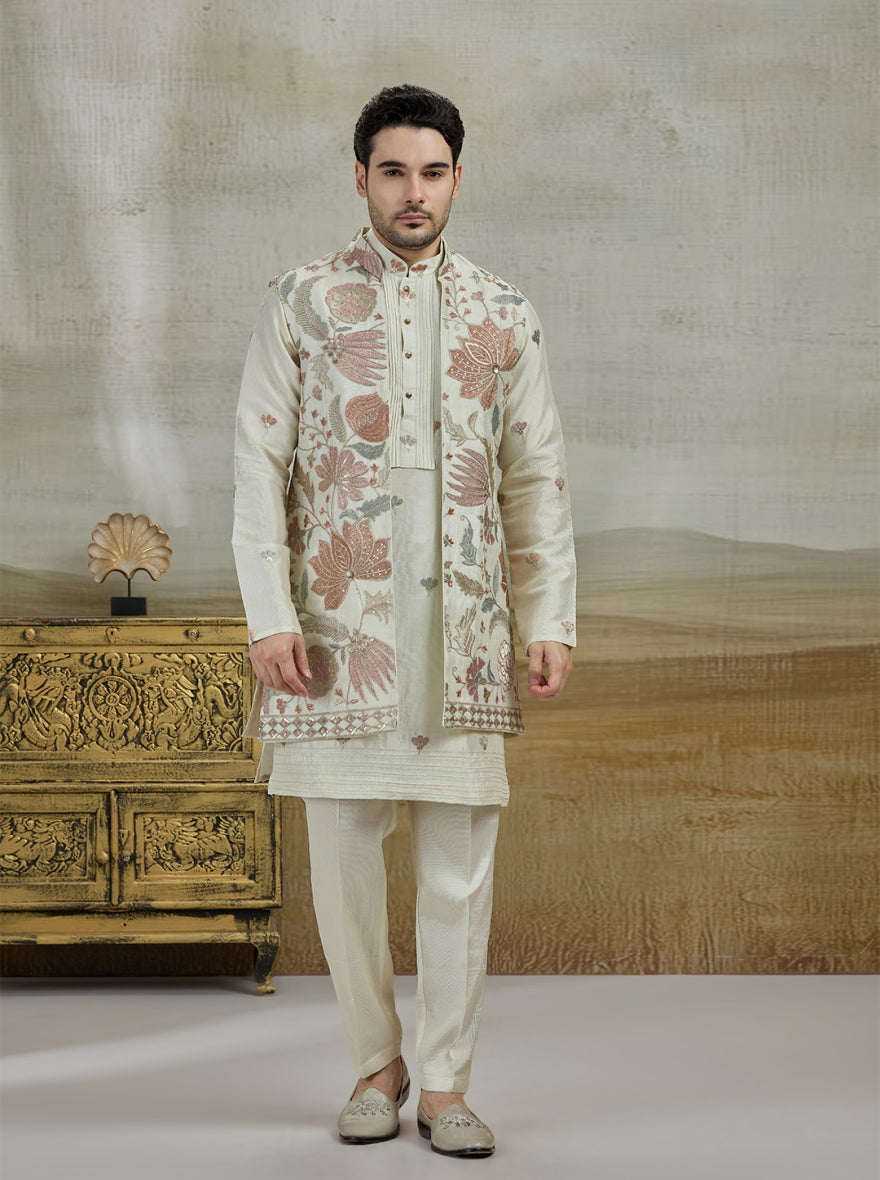 Cream & Pink Embroidered Kurta Pajama with Koti | TULA