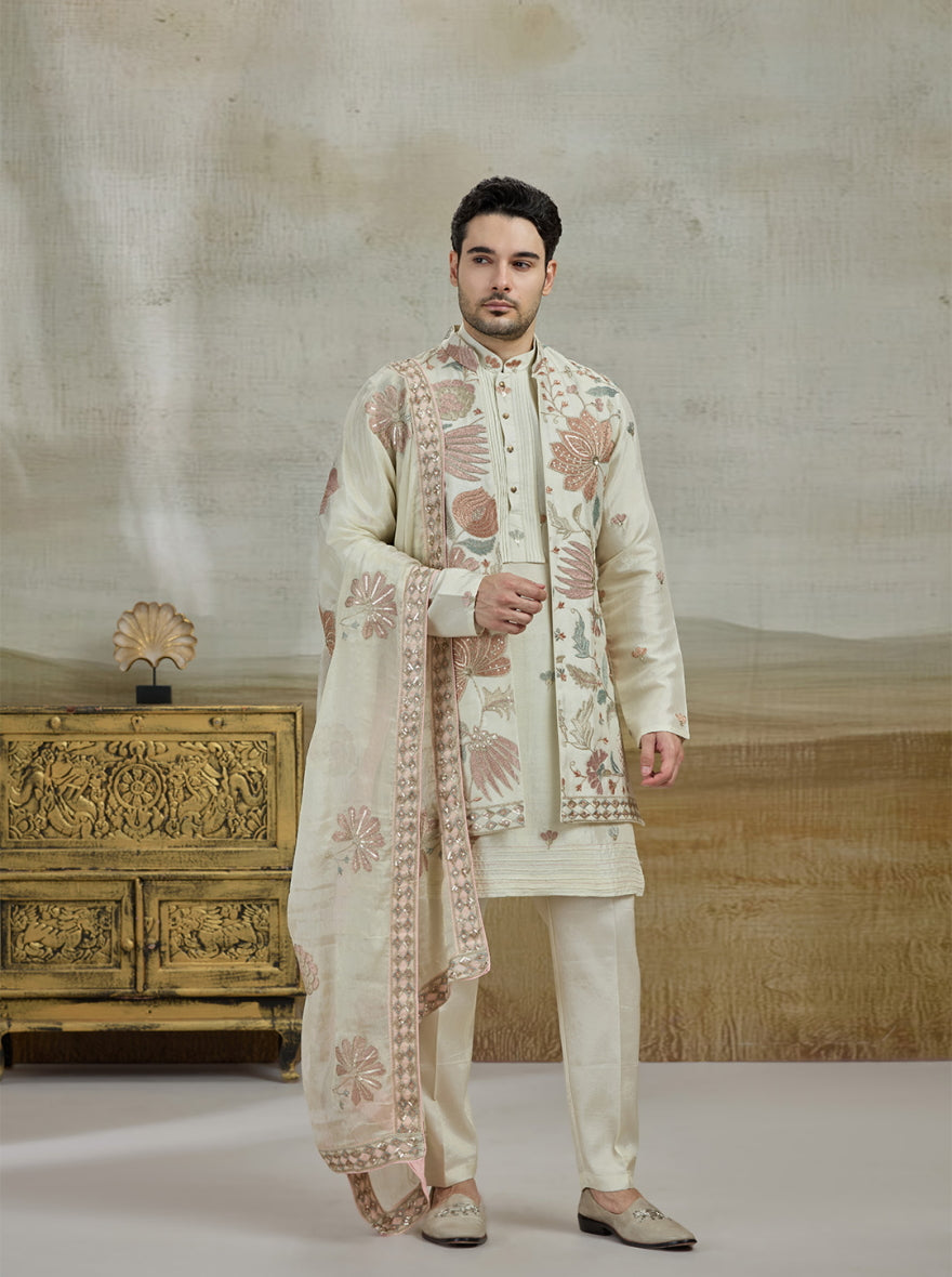 Cream & Pink Embroidered Kurta Pajama with Koti | TULA