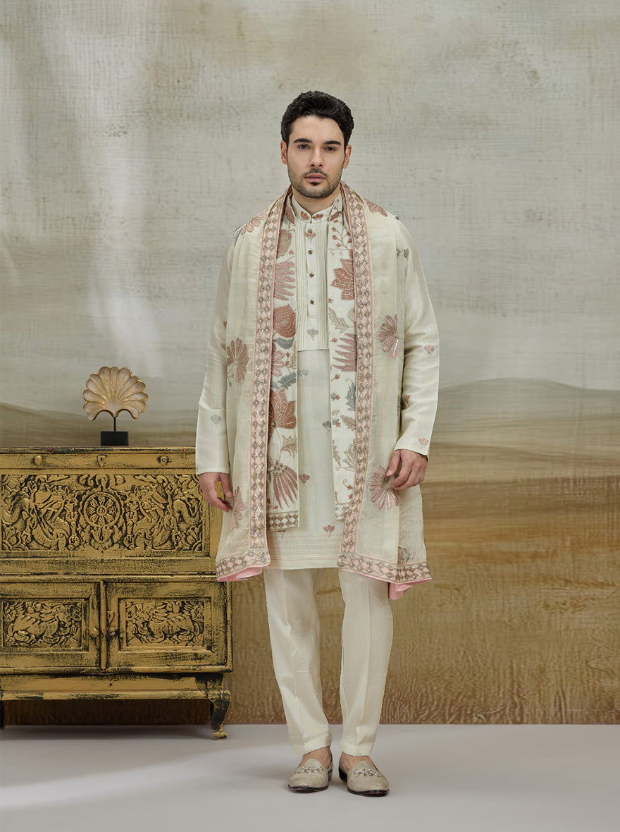 Cream & Pink Embroidered Kurta Pajama with Koti | TULA
