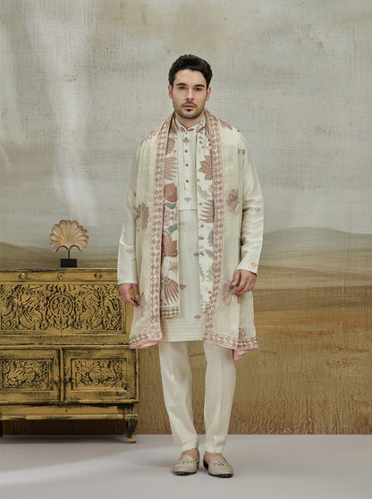 Cream & Pink Embroidered Kurta Pajama with Koti | TULA
