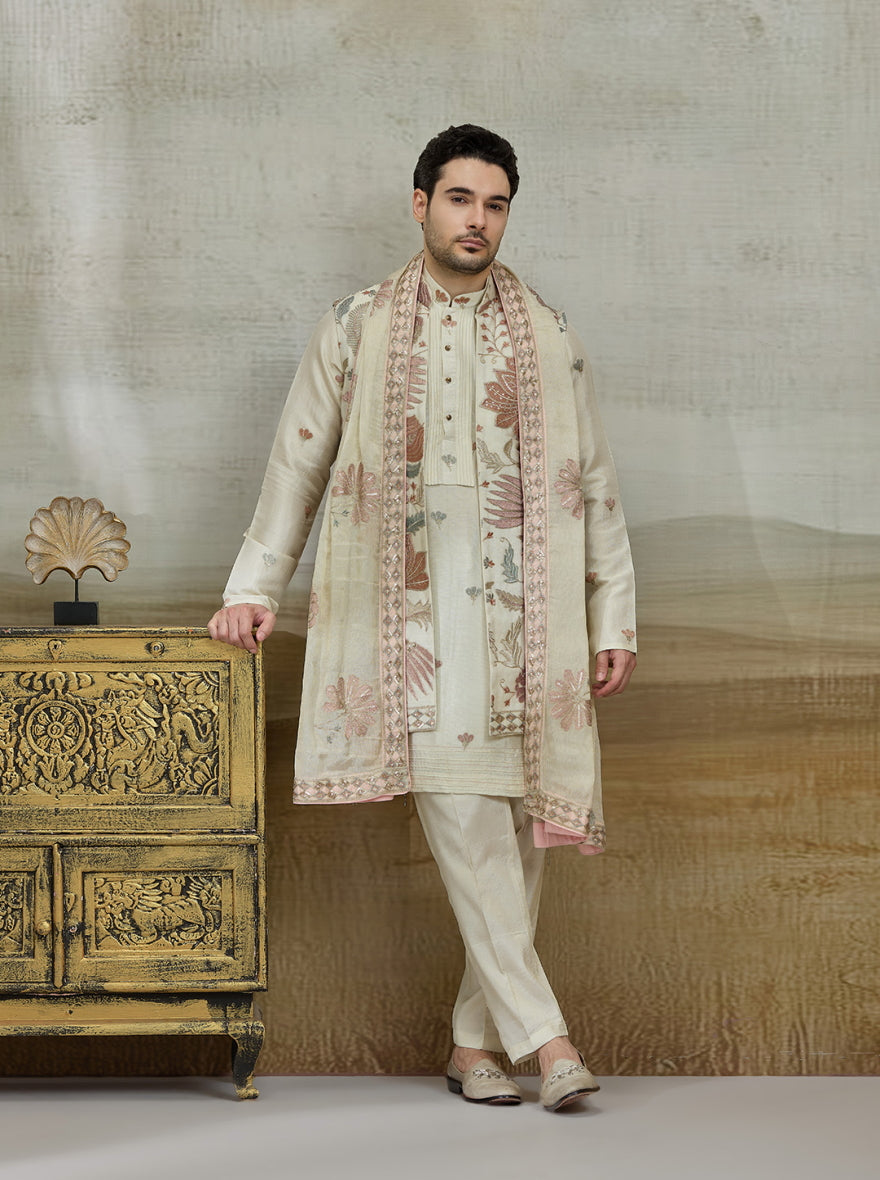 Cream & Pink Embroidered Kurta Pajama with Koti | TULA