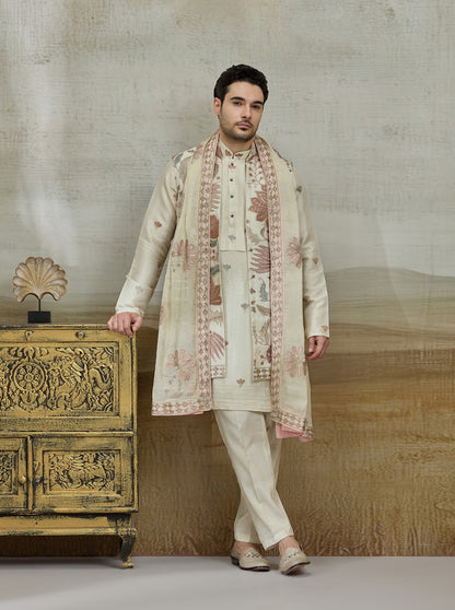 Cream & Pink Embroidered Kurta Pajama with Koti | TULA