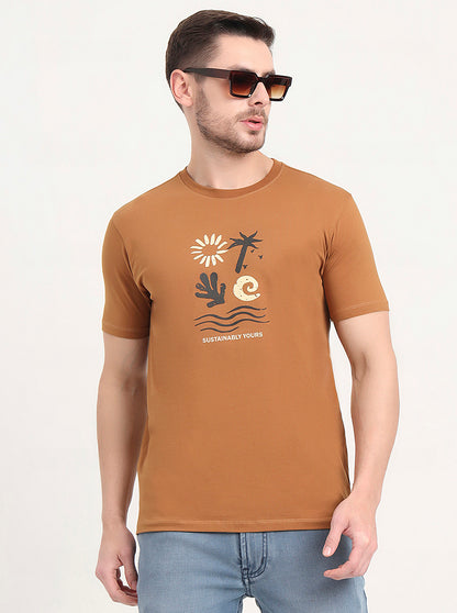 Light Brown Printed Slim Fit T-Shirt | JadeBlue