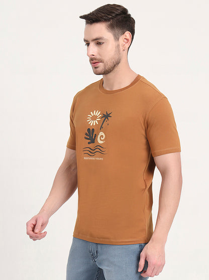 Light Brown Printed Slim Fit T-Shirt | JadeBlue