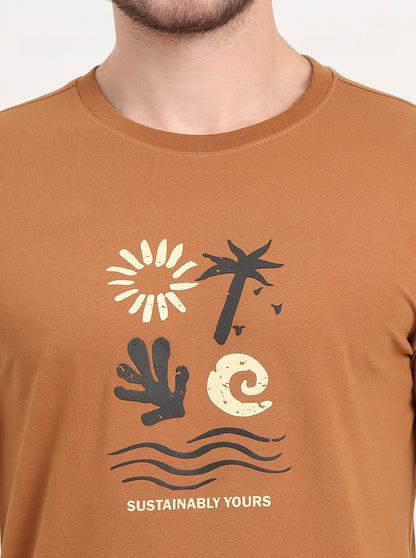 Light Brown Printed Slim Fit T-Shirt | JadeBlue