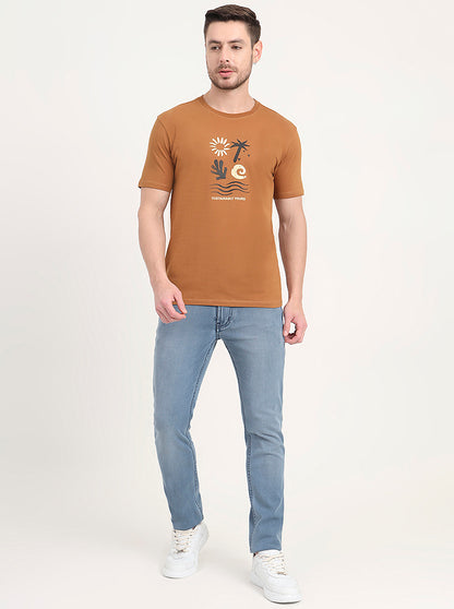 Light Brown Printed Slim Fit T-Shirt | JadeBlue