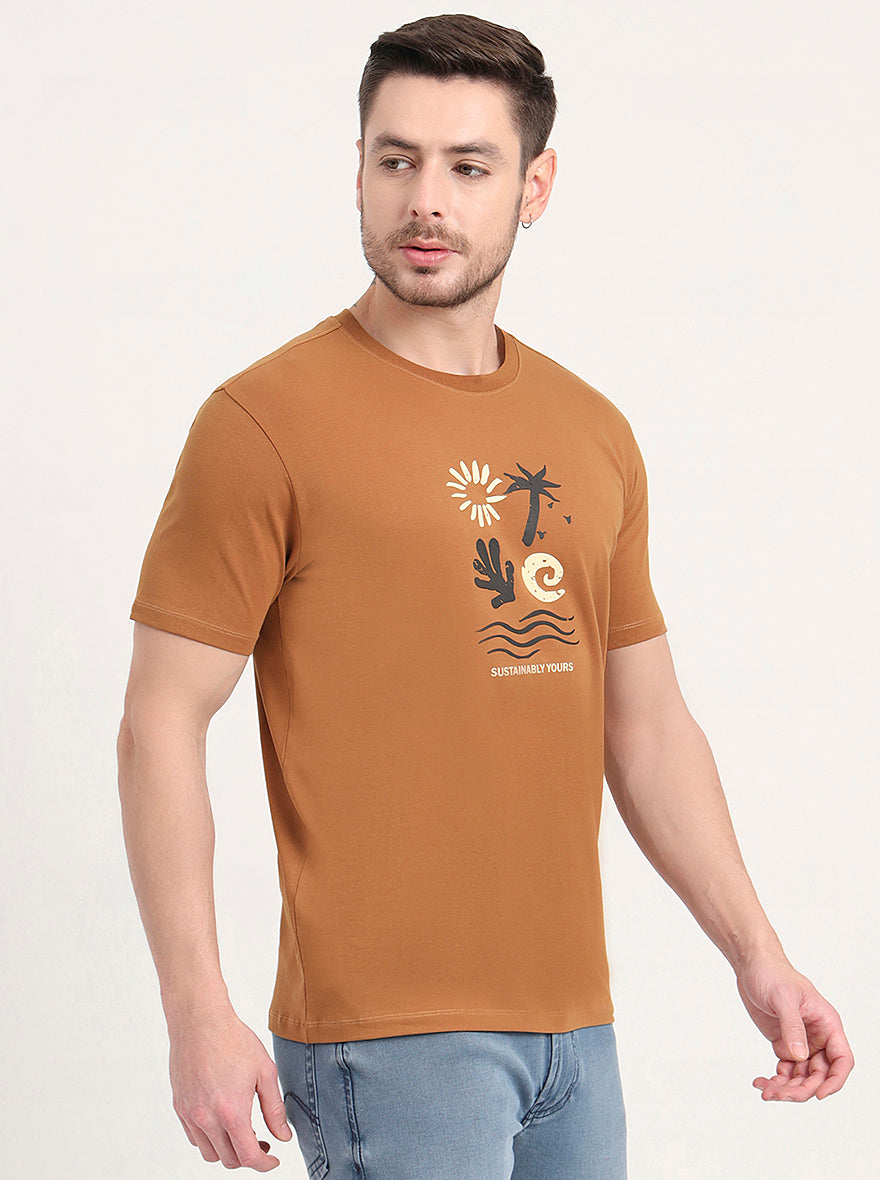 Light Brown Printed Slim Fit T-Shirt | JadeBlue
