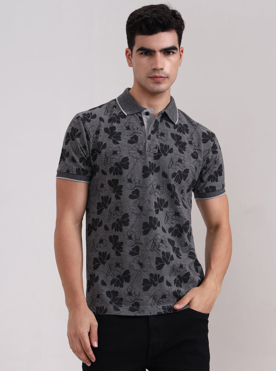 Grey Printed Slim Fit Polo T-Shirt | Greenfibre