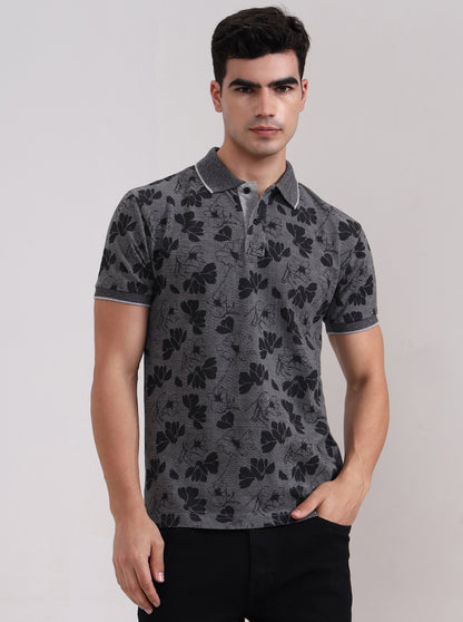 Grey Printed Slim Fit Polo T-Shirt | Greenfibre