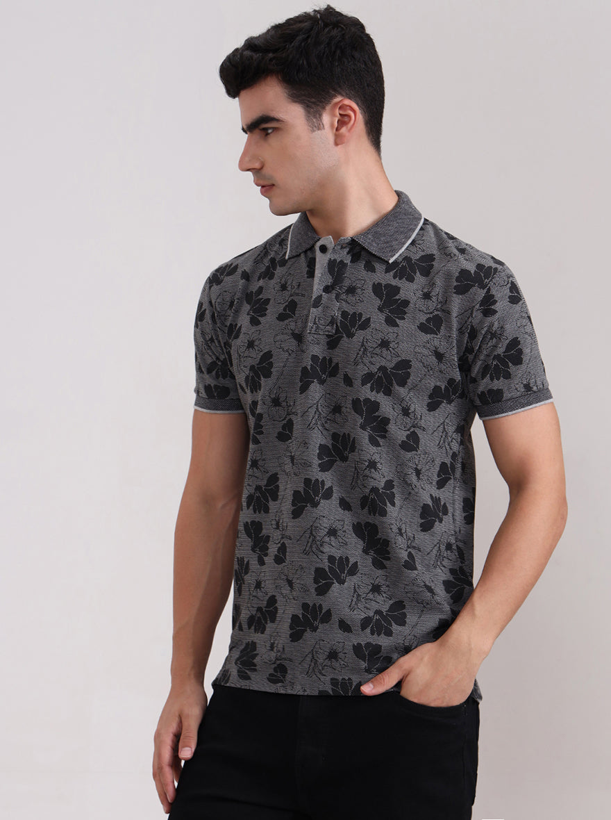 Grey Printed Slim Fit Polo T-Shirt | Greenfibre