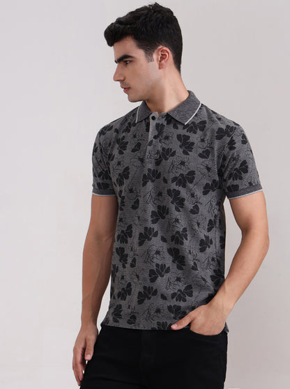 Grey Printed Slim Fit Polo T-Shirt | Greenfibre