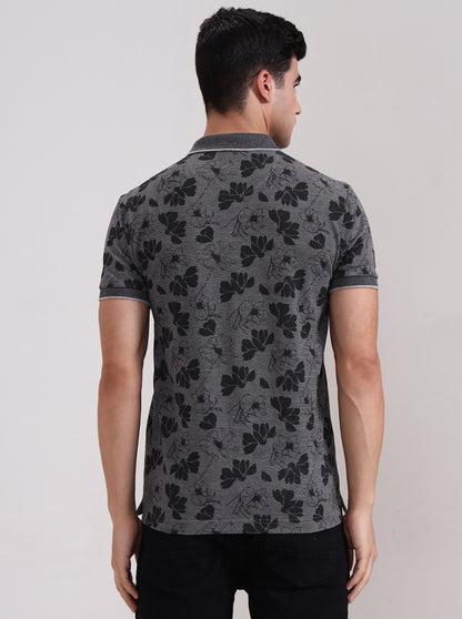 Grey Printed Slim Fit Polo T-Shirt | Greenfibre