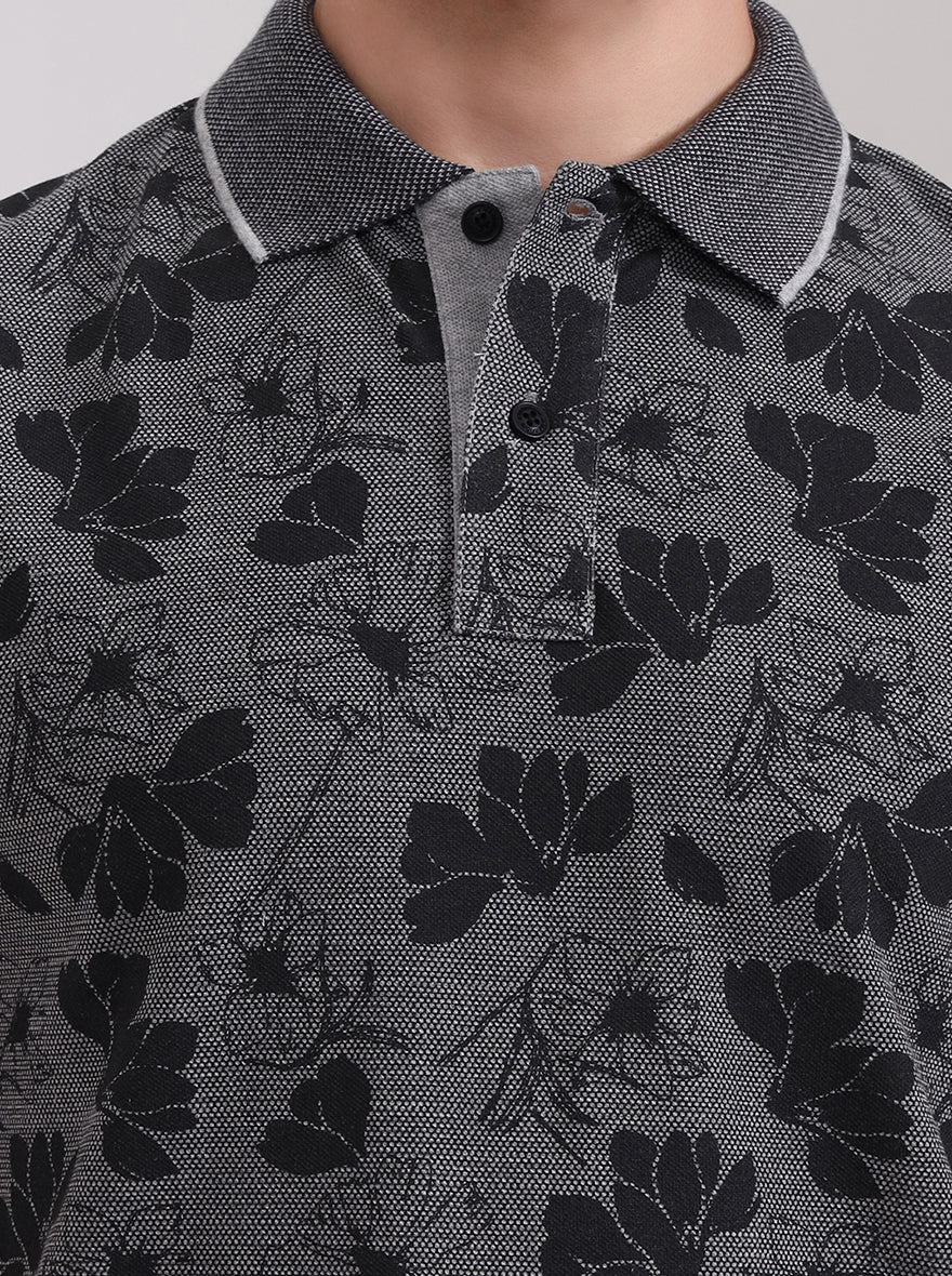Grey Printed Slim Fit Polo T-Shirt | Greenfibre