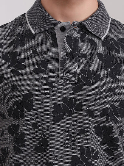 Grey Printed Slim Fit Polo T-Shirt | Greenfibre