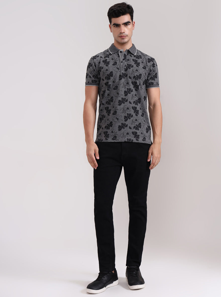 Grey Printed Slim Fit Polo T-Shirt | Greenfibre
