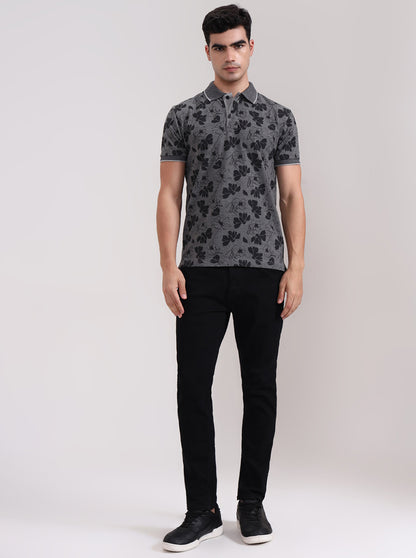 Grey Printed Slim Fit Polo T-Shirt | Greenfibre